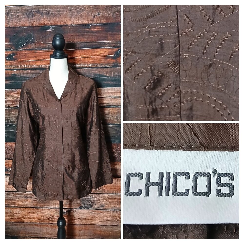 Chico's Top Size 1 US M Brown Embroidered 100% Silk Button Front